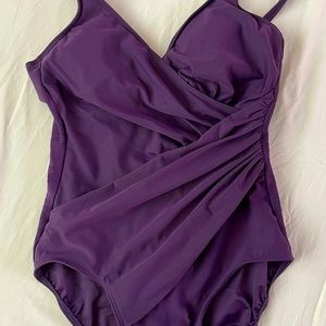 Miraclesuit bathing suit in an eggplant purple